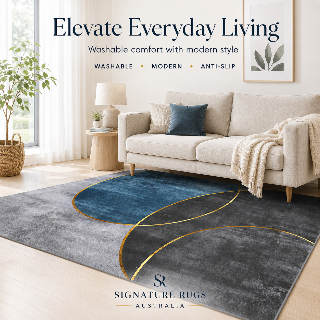 Washable Modern Rug  Blue & Gold Abstract