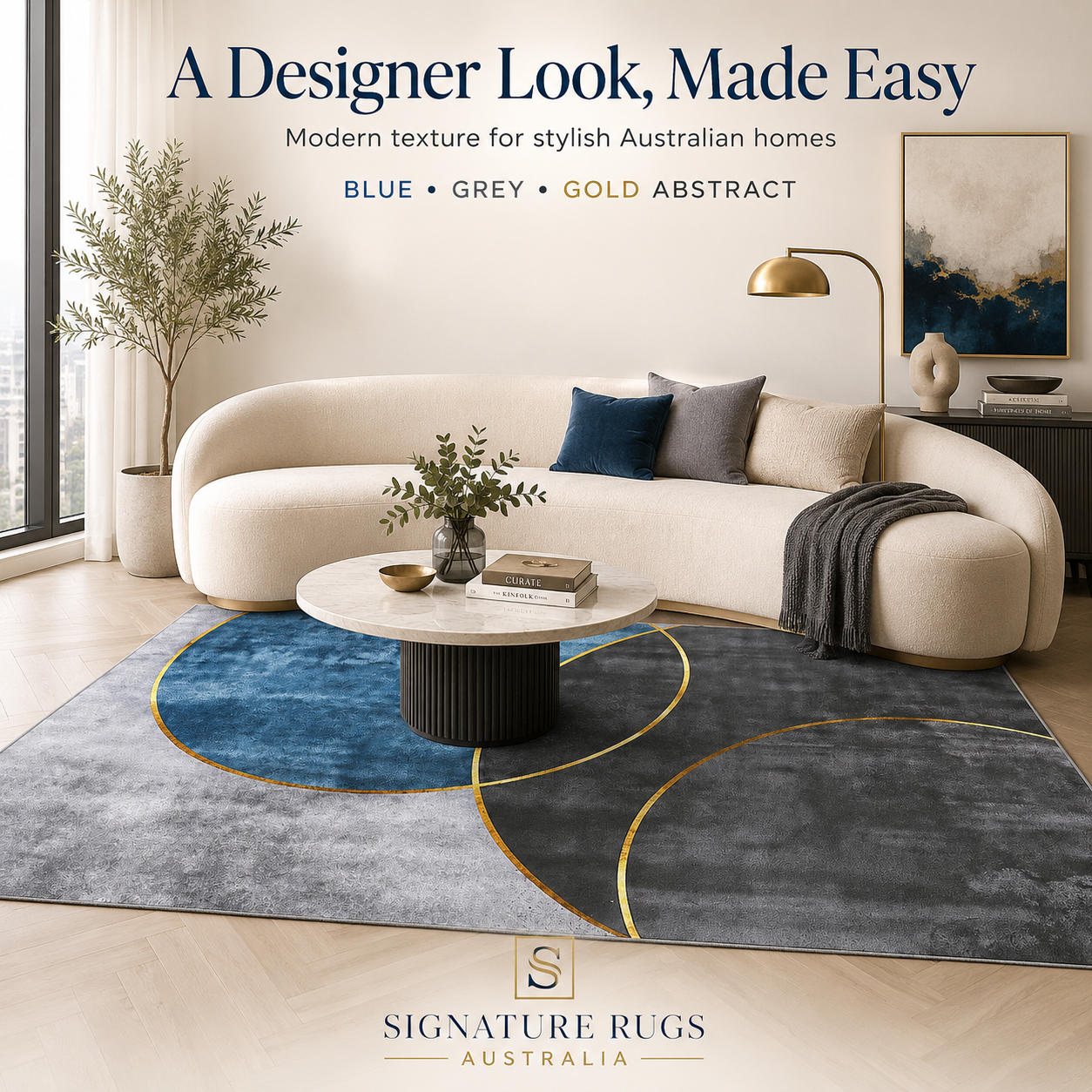 Washable Modern Rug  Blue & Gold Abstract