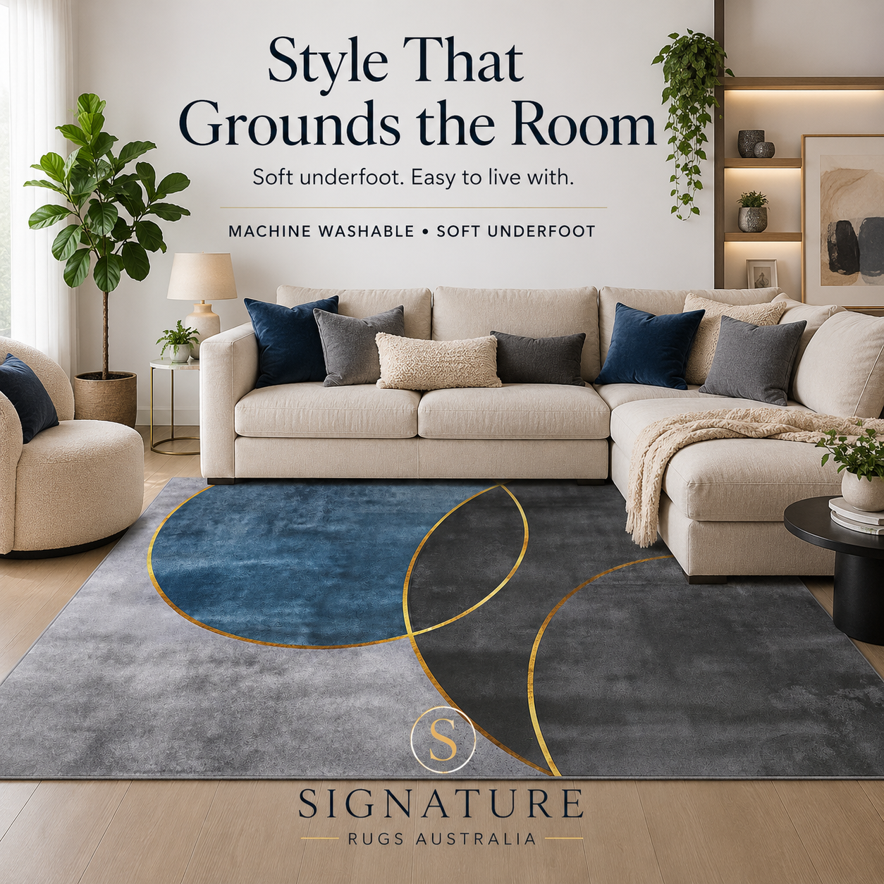 Washable Modern Rug  Blue & Gold Abstract