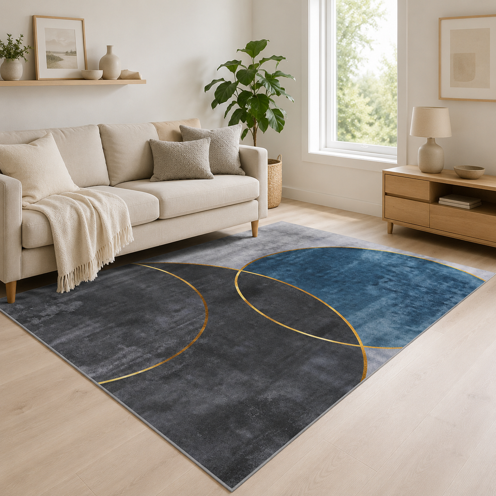 Washable Modern Rug  Blue & Gold Abstract