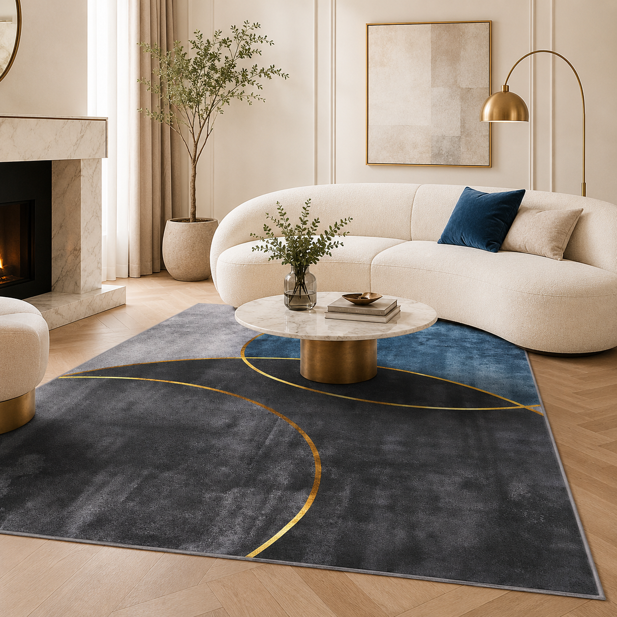 Washable Modern Rug  Blue & Gold Abstract