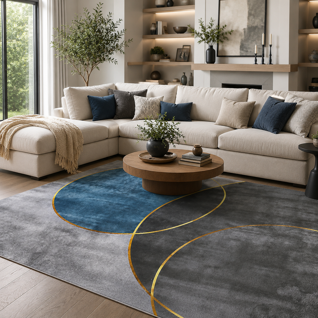Washable Modern Rug  Blue & Gold Abstract