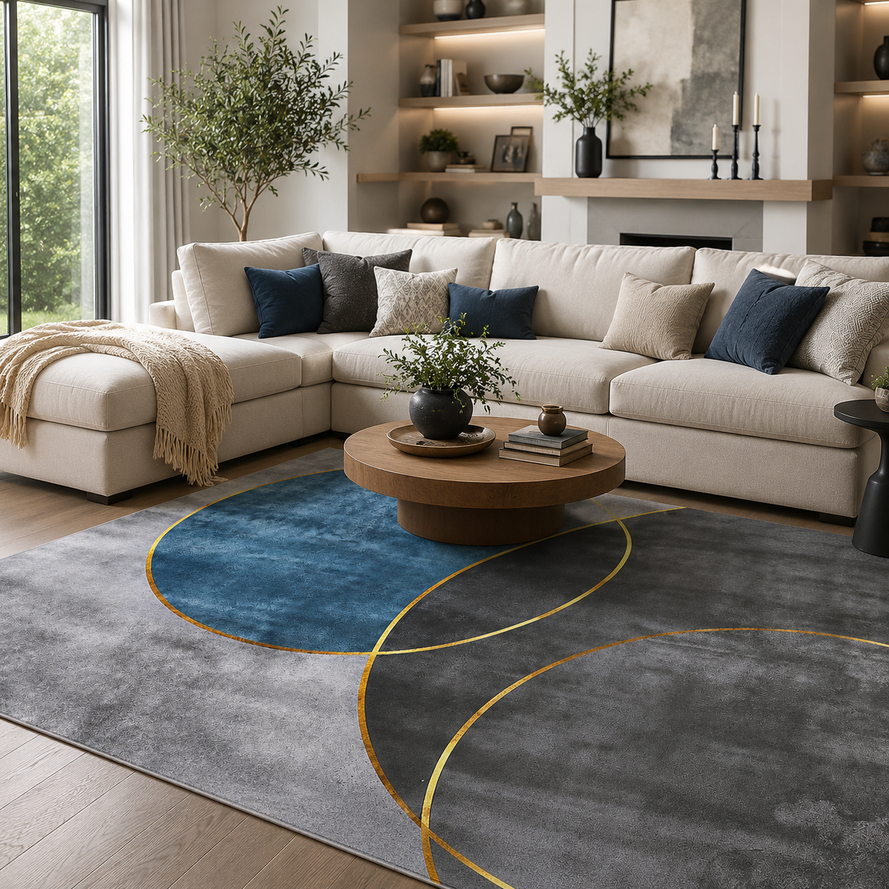 Washable Modern Rug  Blue & Gold Abstract