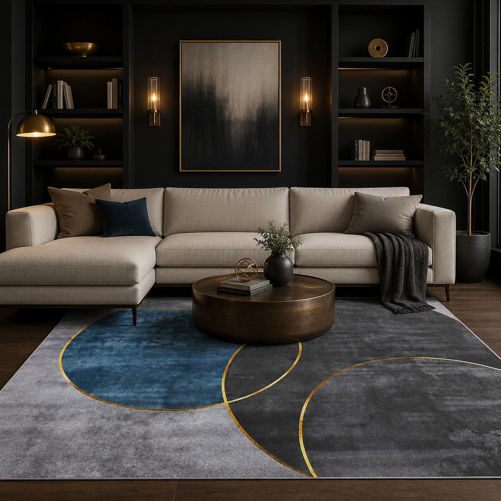 Washable Modern Rug  Blue & Gold Abstract