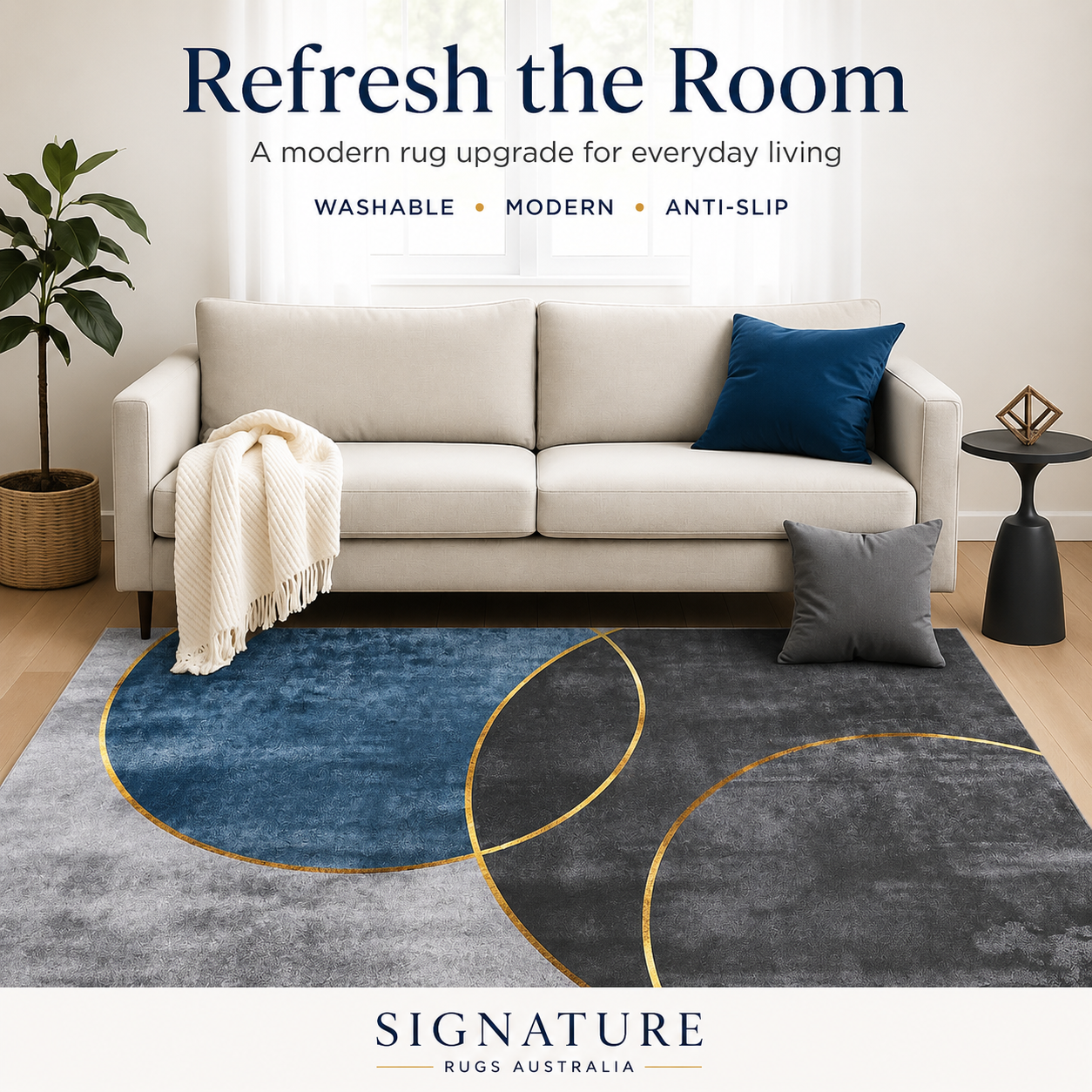 Washable Modern Rug  Blue & Gold Abstract