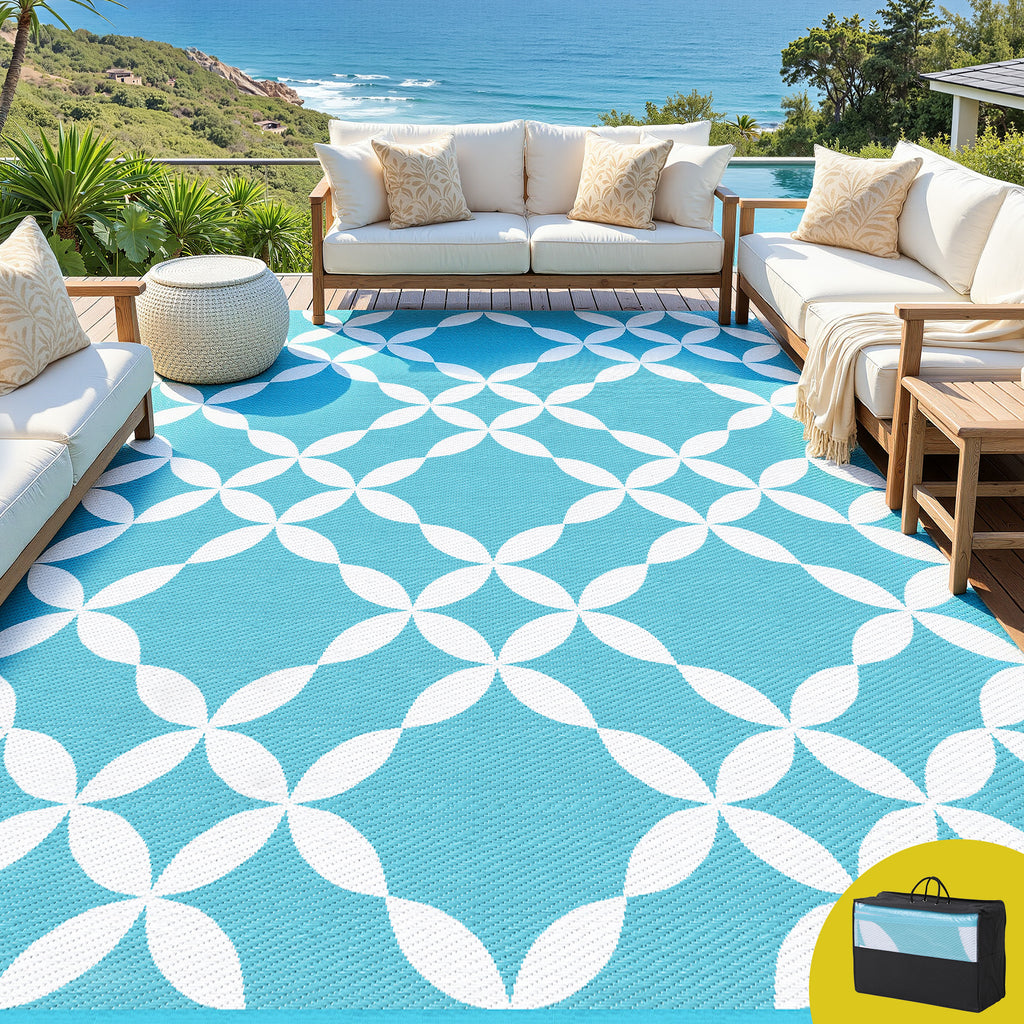 Reversible Outdoor Rug — Light Blue Geometric, 274 x 366cm