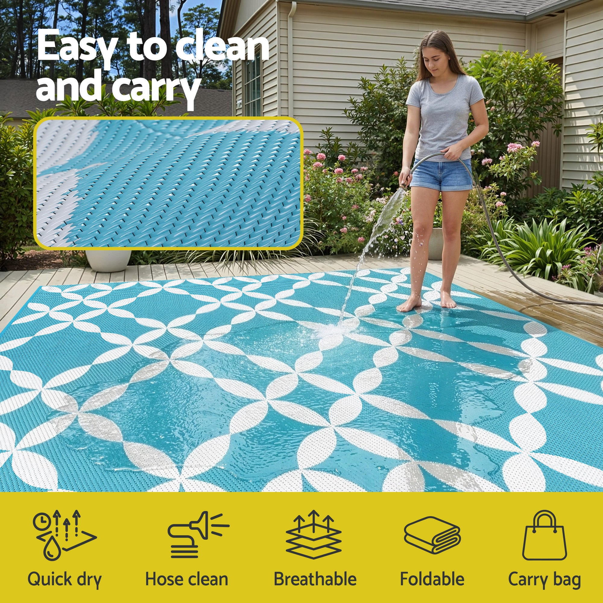 Reversible Outdoor Rug — Light Blue Geometric, 274 x 366cm