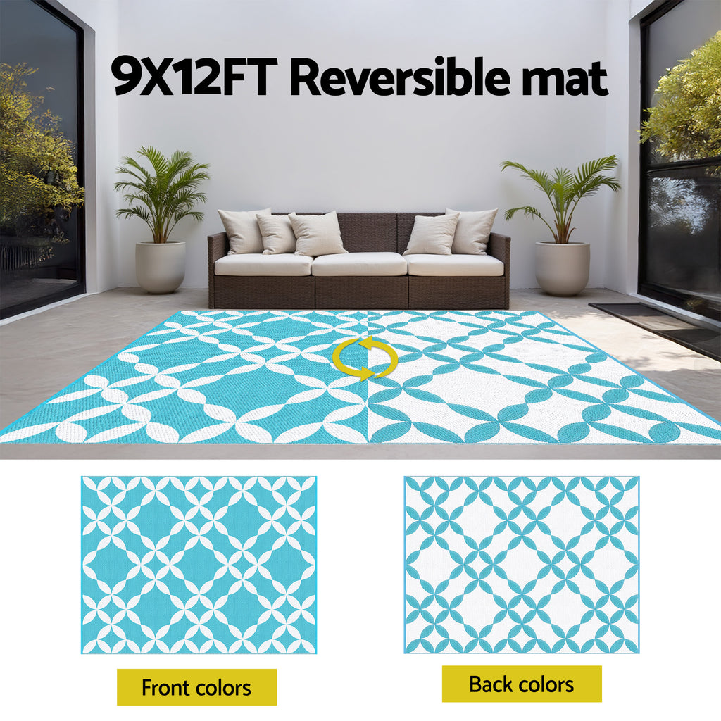 Reversible Outdoor Rug — Light Blue Geometric, 274 x 366cm