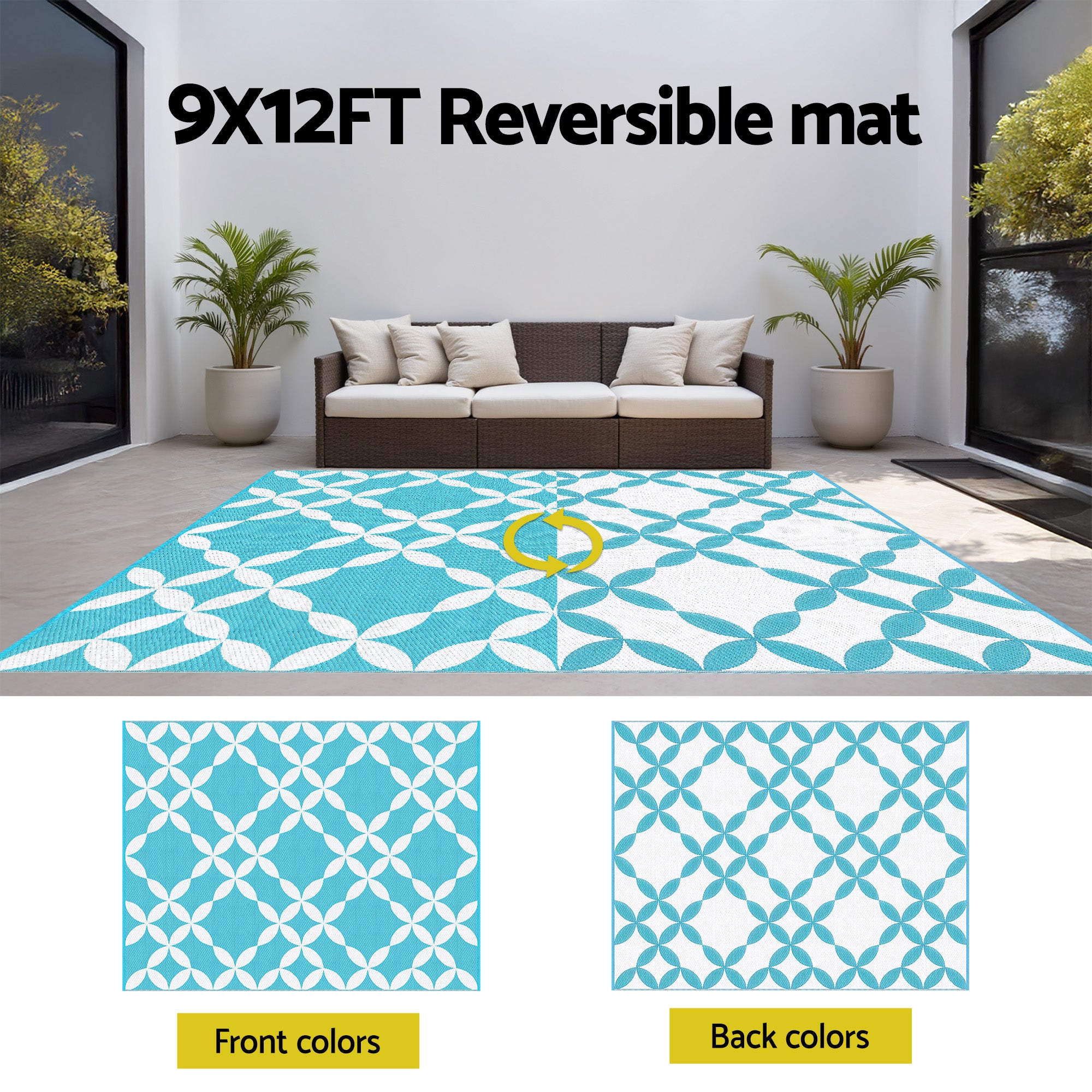 Reversible Outdoor Rug — Light Blue Geometric, 274 x 366cm