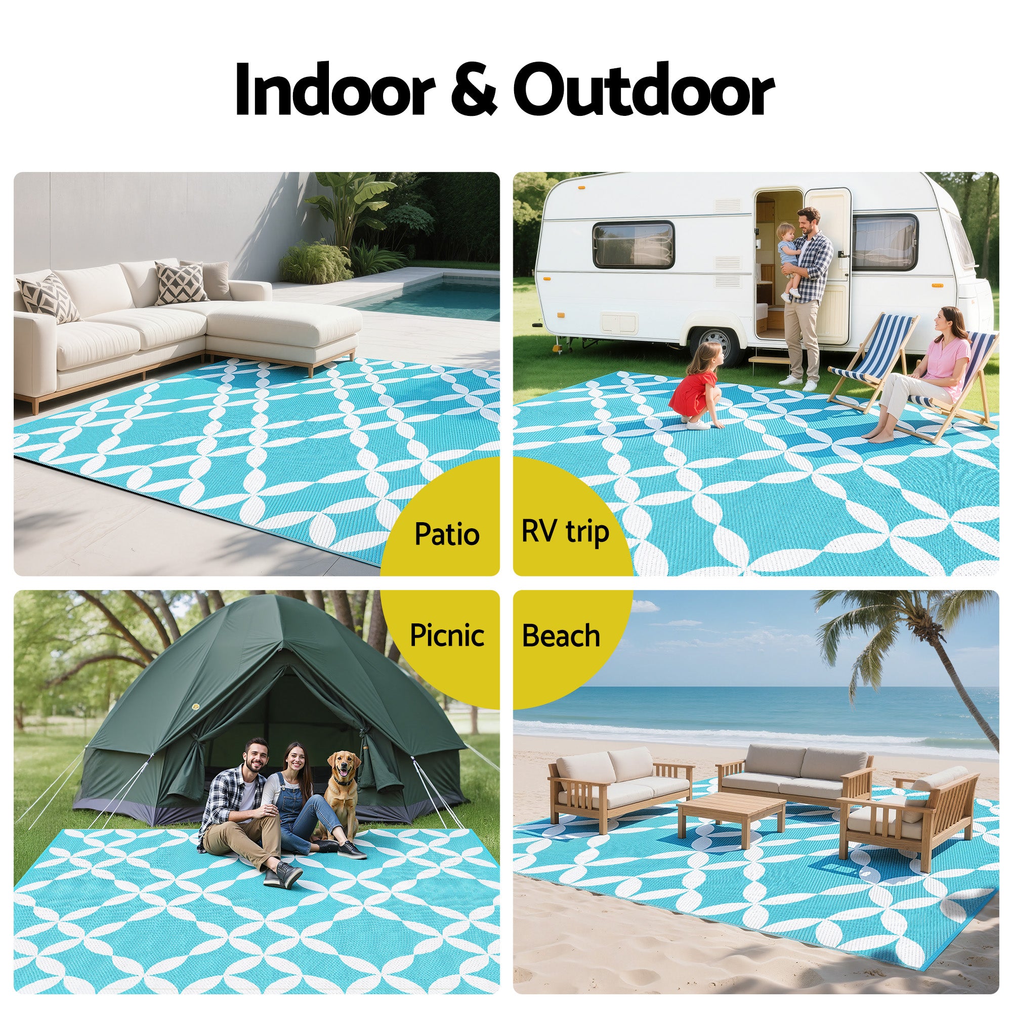 Reversible Outdoor Rug — Light Blue Geometric, 274 x 366cm