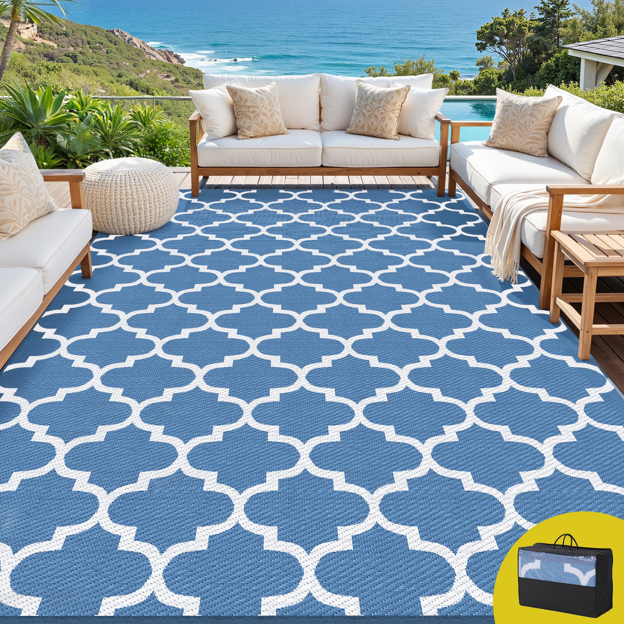 Reversible Outdoor Rug — Blue Moroccan Trellis, 274 x 366cm