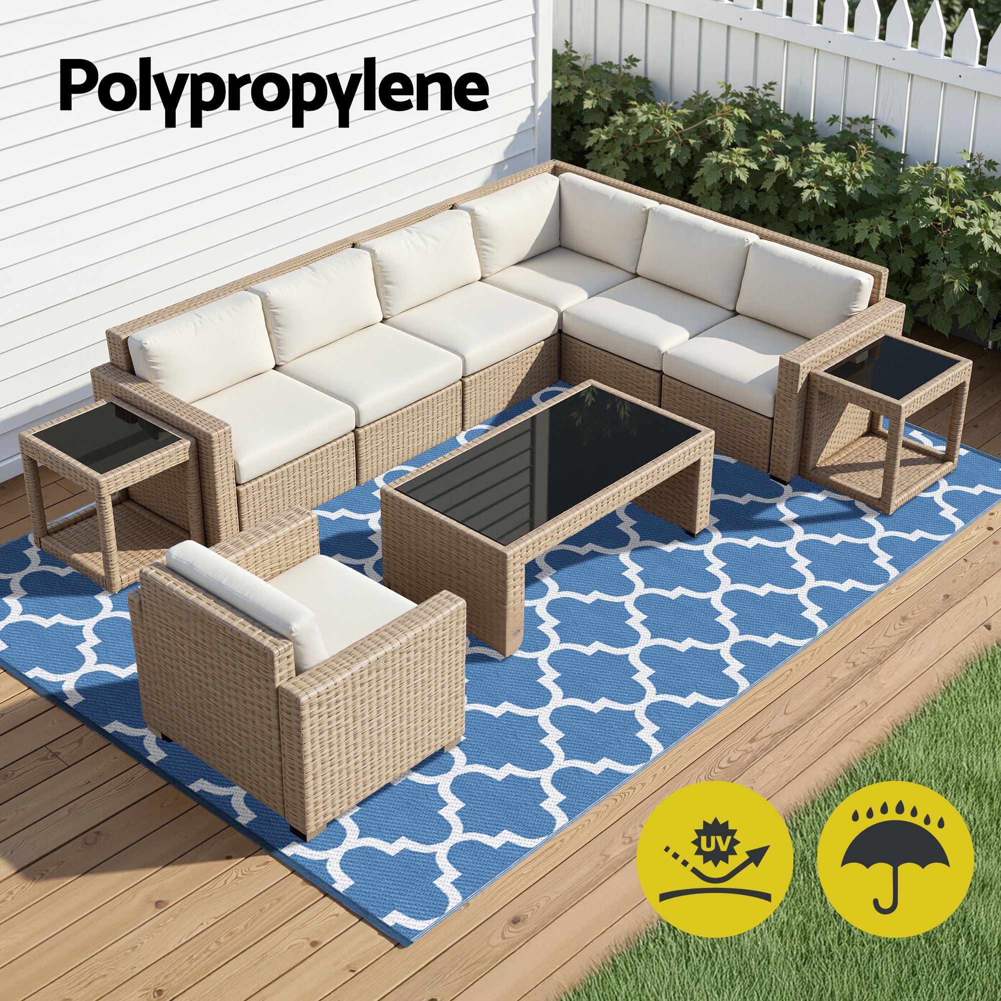 Reversible Outdoor Rug — Blue Moroccan Trellis, 274 x 366cm