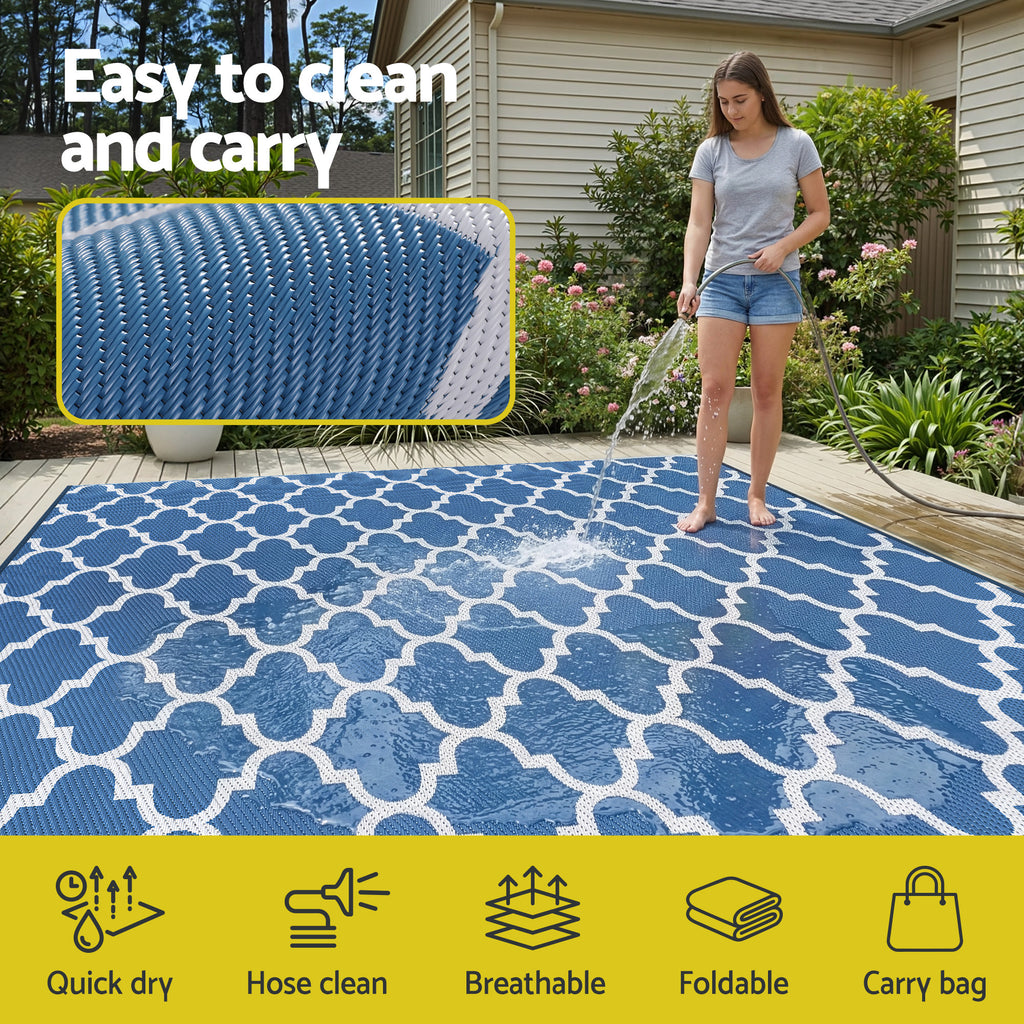 Reversible Outdoor Rug — Blue Moroccan Trellis, 274 x 366cm