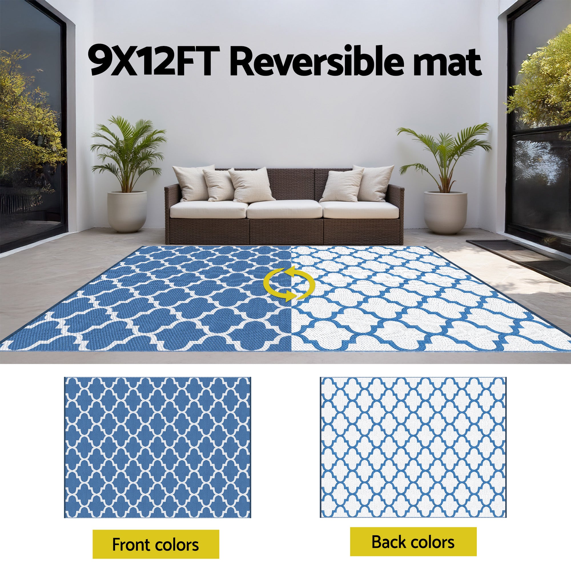 Reversible Outdoor Rug — Blue Moroccan Trellis, 274 x 366cm