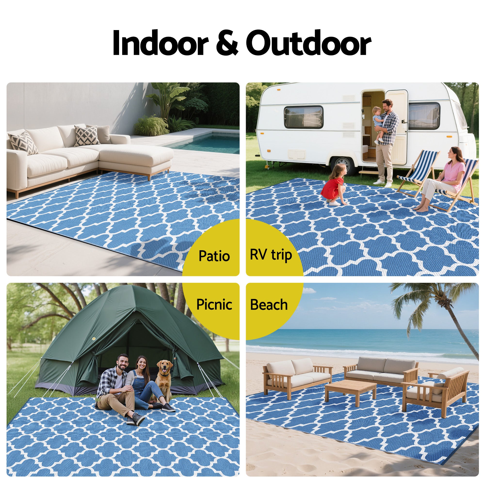 Reversible Outdoor Rug — Blue Moroccan Trellis, 274 x 366cm
