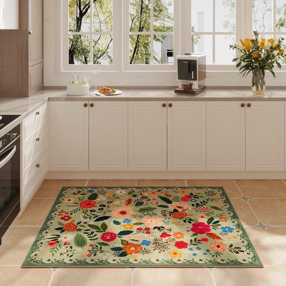 Green Bohemian Floral Non-Slip Doormat – 60 × 90cm