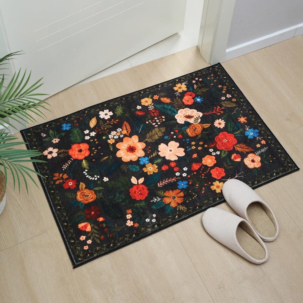 Black Bohemian Floral Non-Slip Doormat – 60 × 90cm