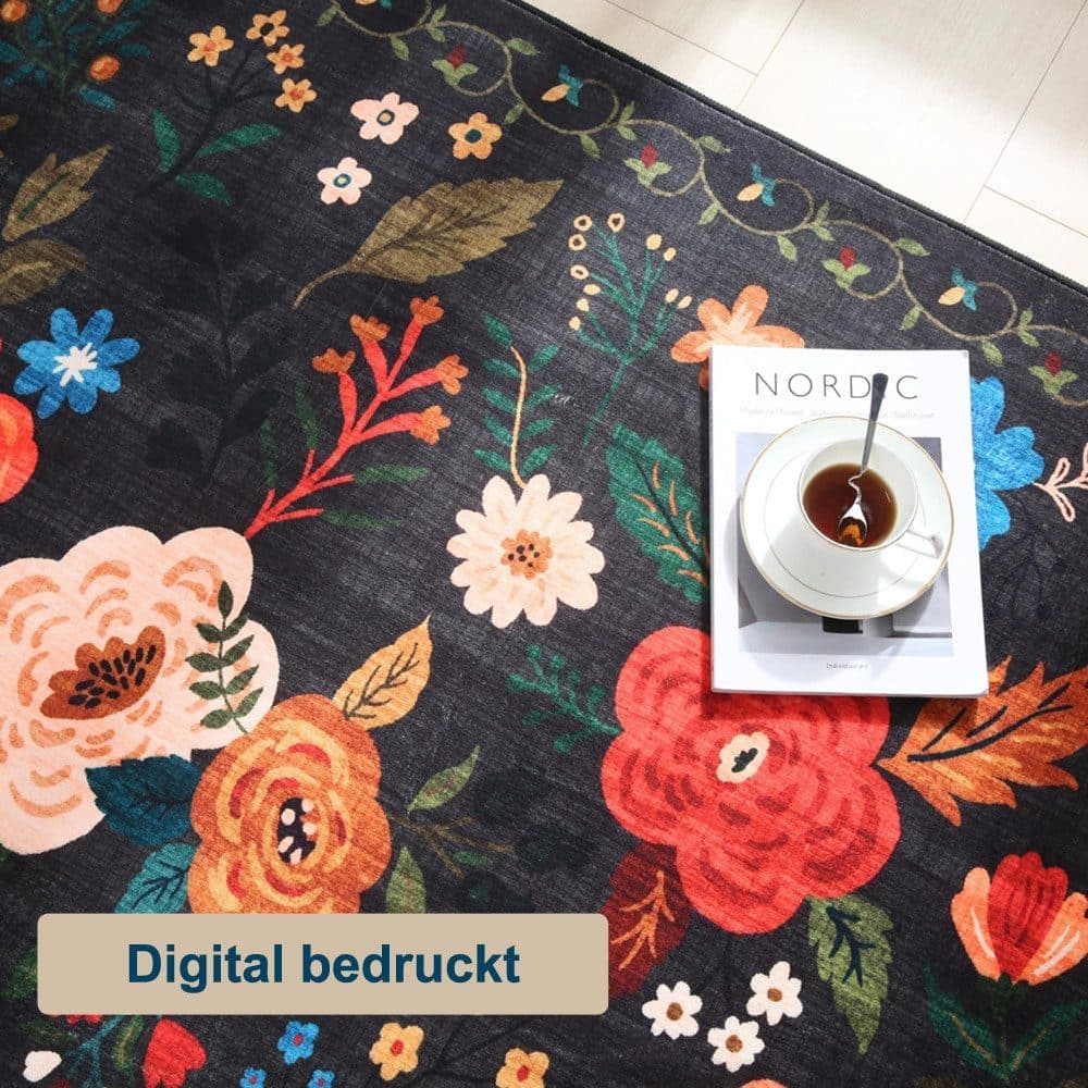 Black Bohemian Floral Non-Slip Doormat – 60 × 90cm