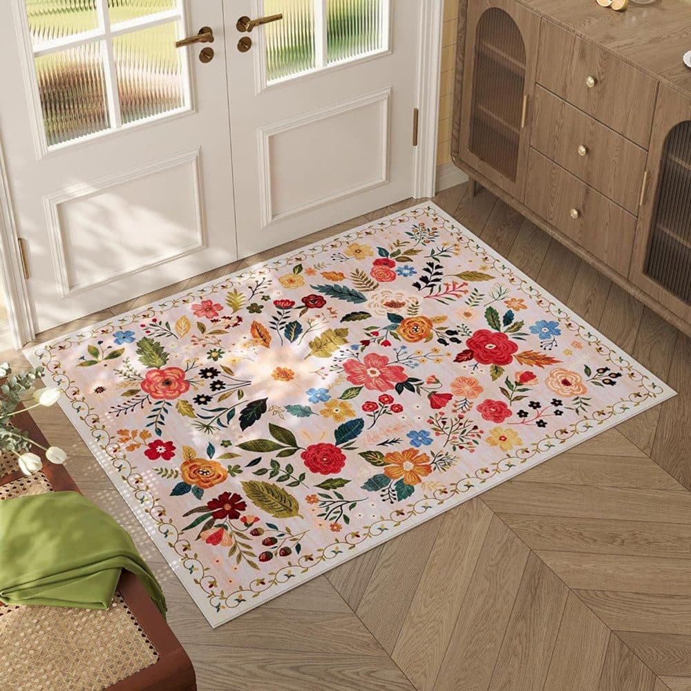 Beige Bohemian Floral Non-Slip Doormat – 60 × 90cm