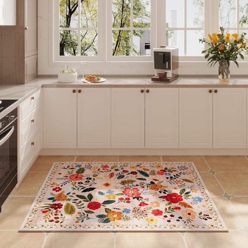 Beige Bohemian Floral Non-Slip Doormat – 60 × 90cm