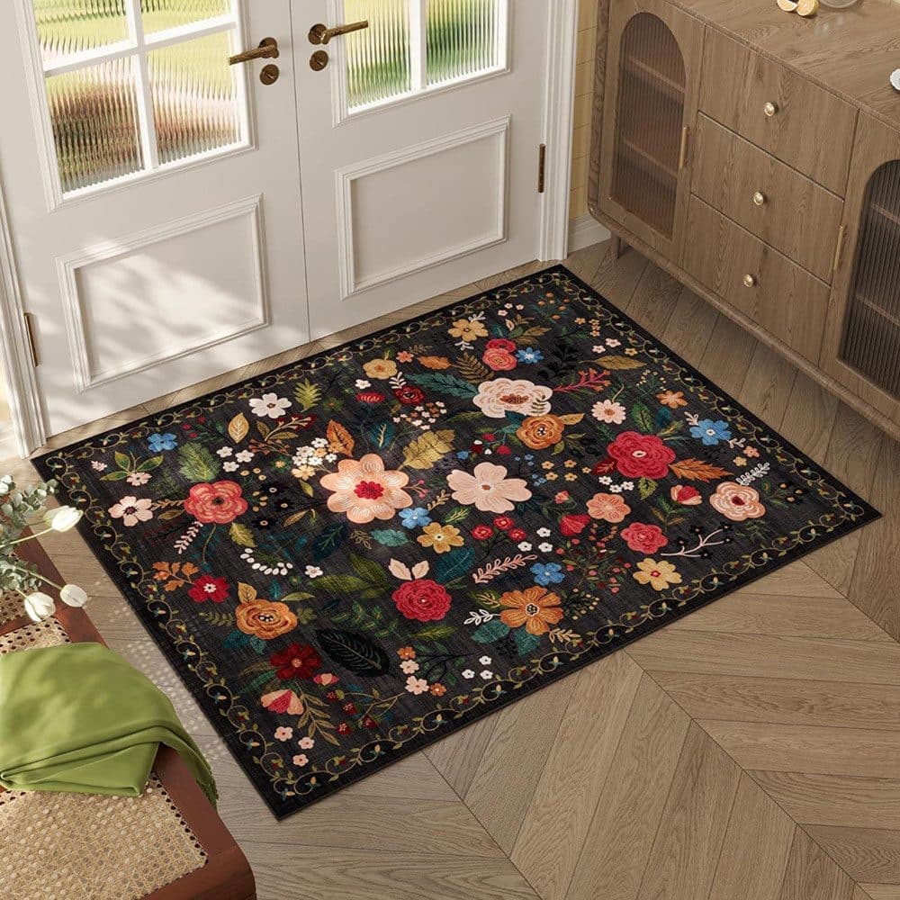 Black Bohemian Floral Non-Slip Doormat – 40 × 60cm