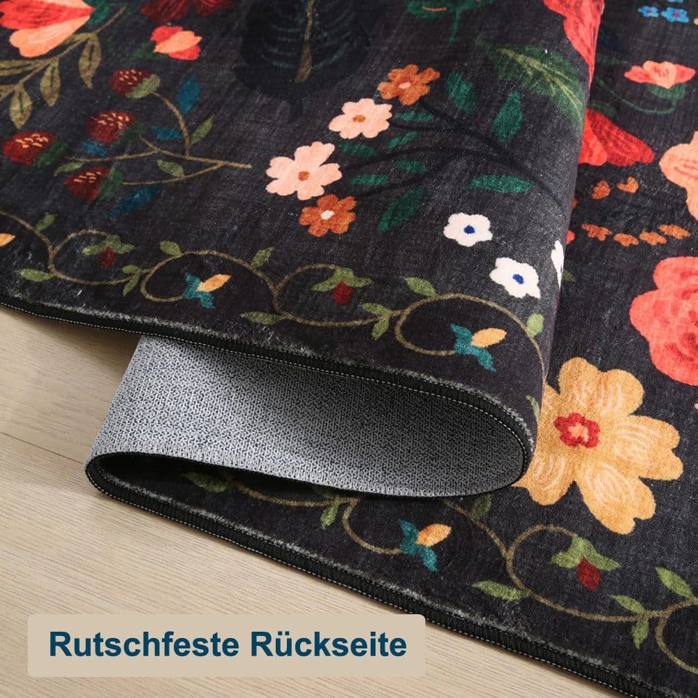 Black Bohemian Floral Non-Slip Doormat – 40 × 60cm