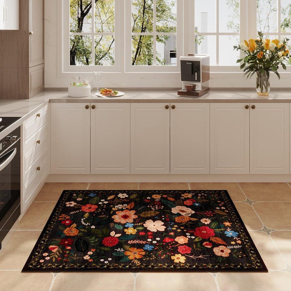 Black Bohemian Floral Non-Slip Doormat – 40 × 60cm