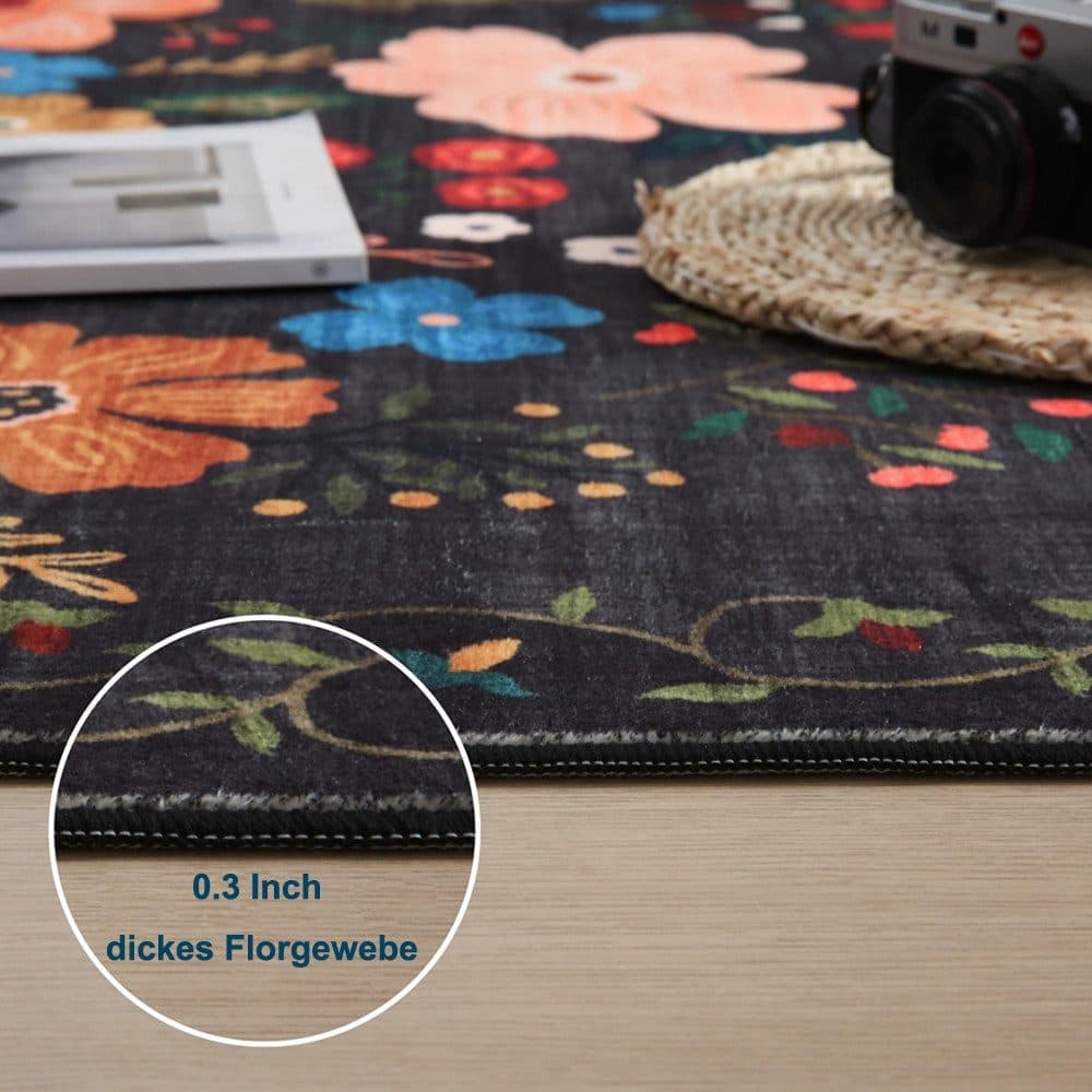 Black Bohemian Floral Non-Slip Doormat – 40 × 60cm