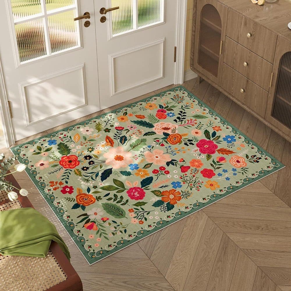 Green Bohemian Floral Non-Slip Doormat – 40 × 60cm