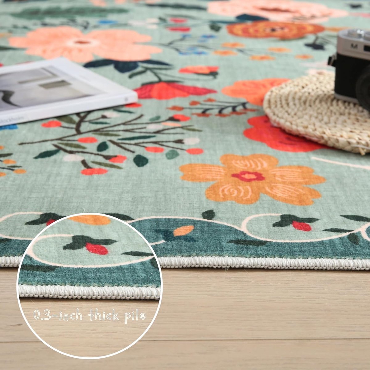 Green Bohemian Floral Non-Slip Doormat – 50 × 80cm