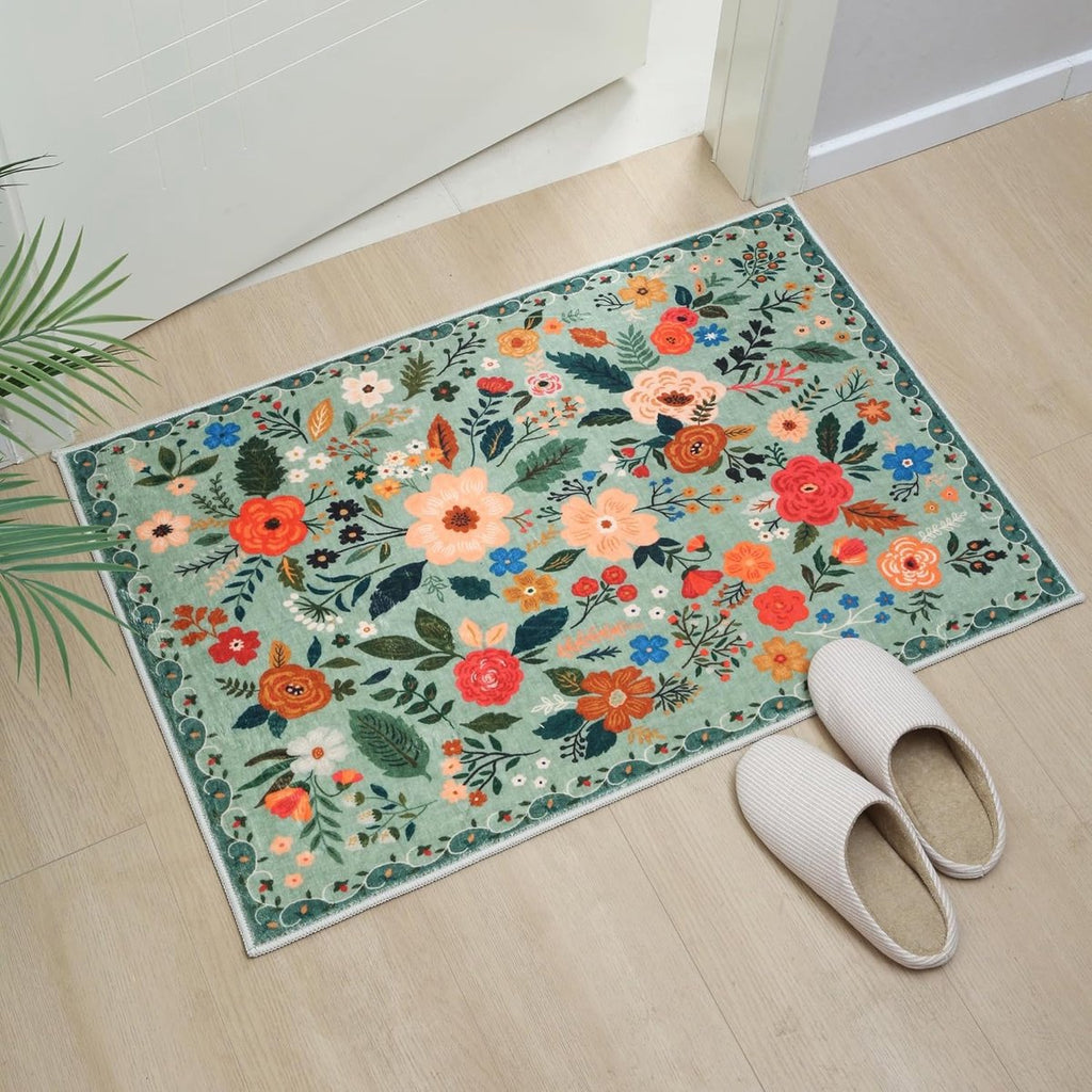 Green Bohemian Floral Non-Slip Doormat – 50 × 80cm