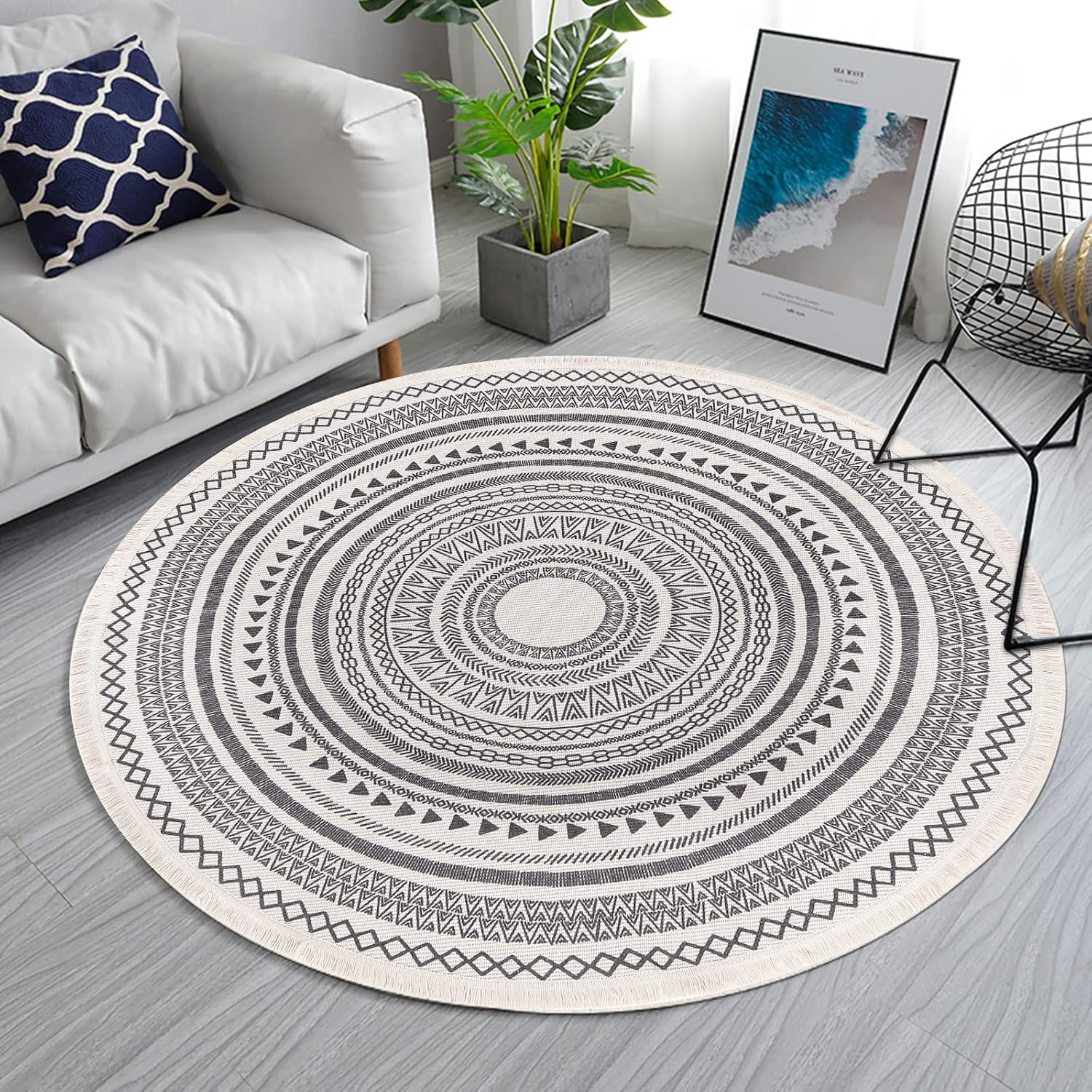 Moroccan Grey Round Cotton Rug – 120cm with Fringes