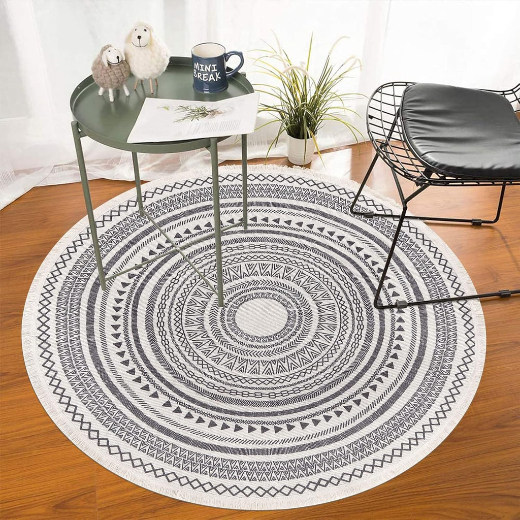 Moroccan Grey Round Cotton Rug – 120cm with Fringes