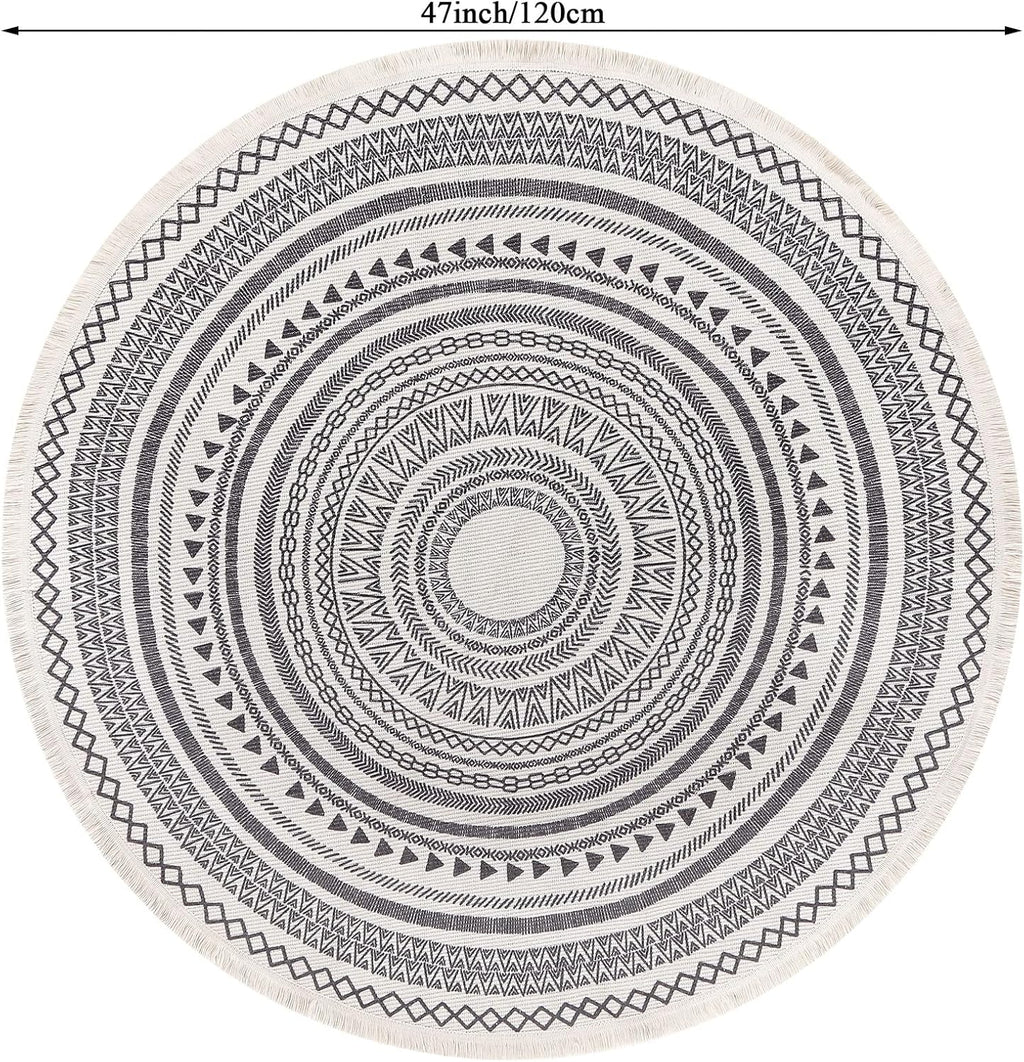 Moroccan Grey Round Cotton Rug – 120cm with Fringes
