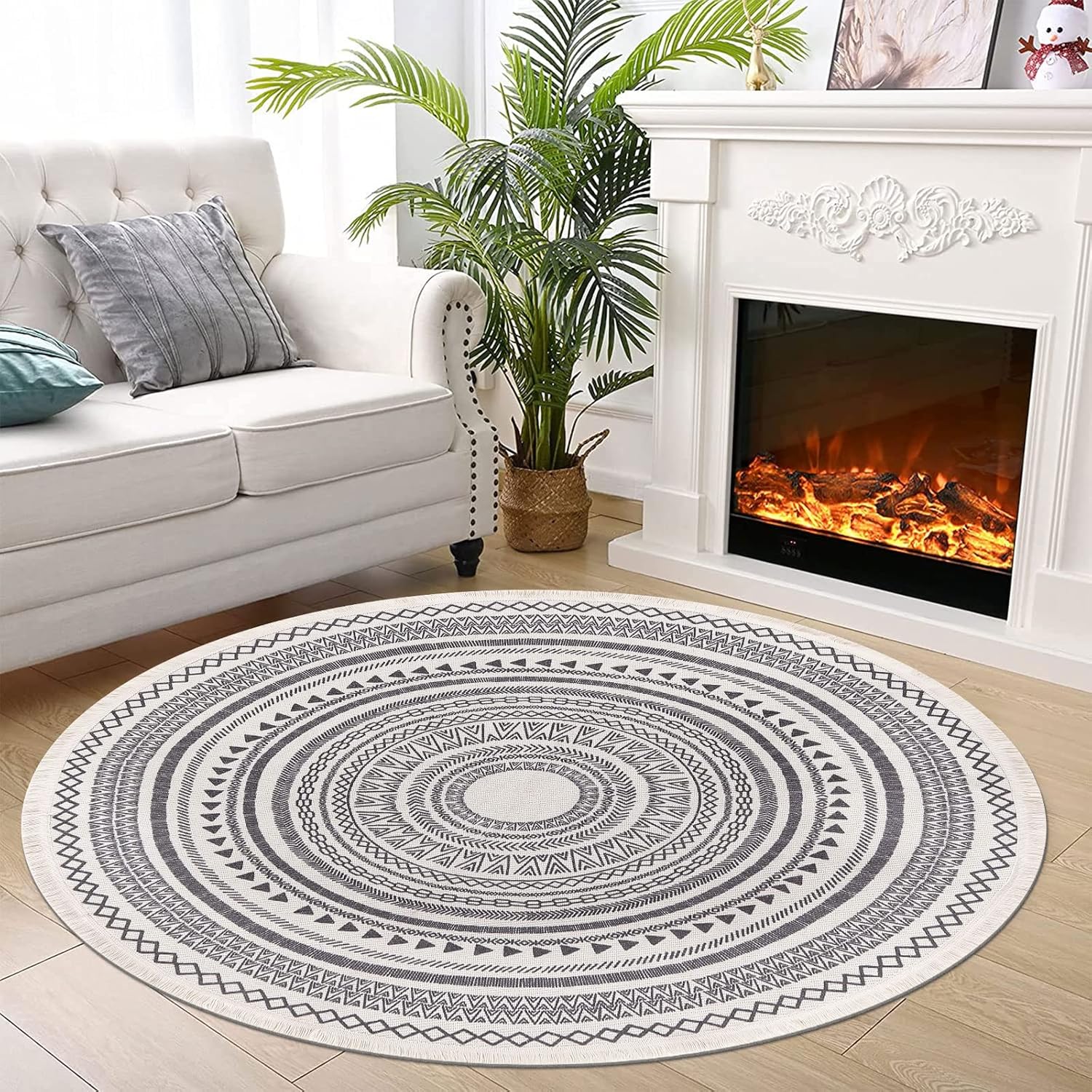 Moroccan Grey Round Cotton Rug – 120cm with Fringes